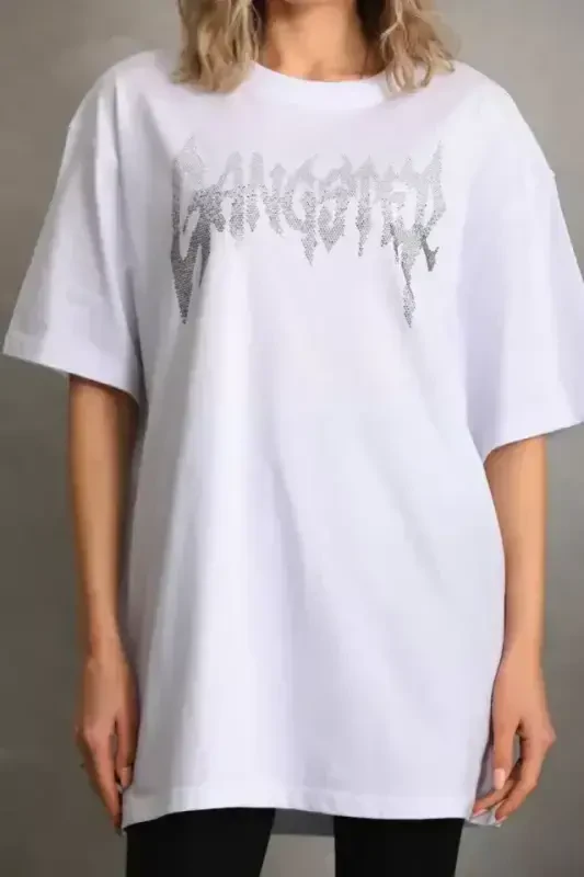 Unisex Stone Patterned Oversize T-Shirt - White - 2