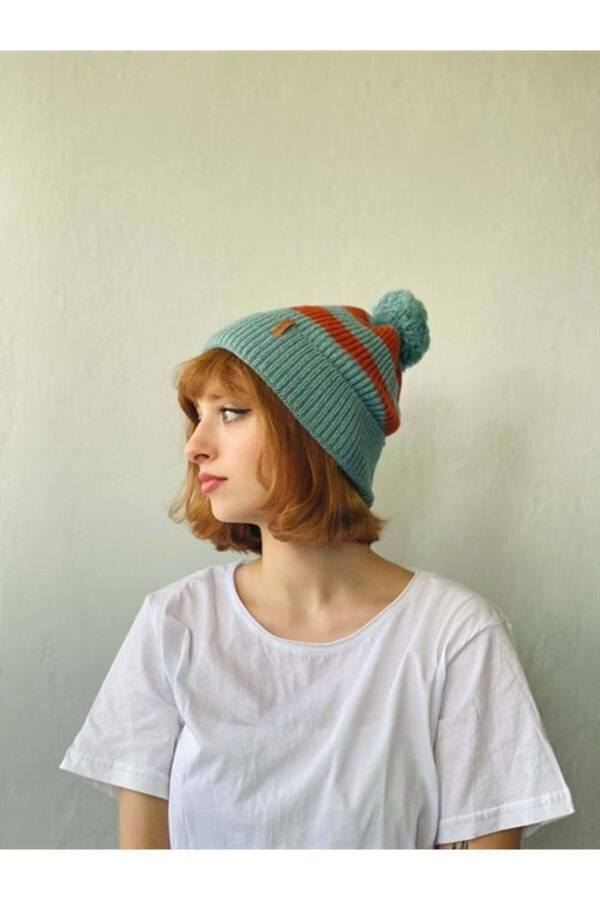 Unisex Striped Beanie with Pompom - 2