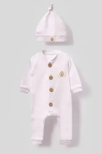Unisex Tahta Düğme Görselli Şapkalı Waffle Şık Bebek Tulum-beyaz-Beyaz - 3