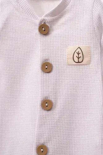 Unisex Tahta Düğme Görselli Şapkalı Waffle Şık Bebek Tulum-beyaz-Beyaz - 6