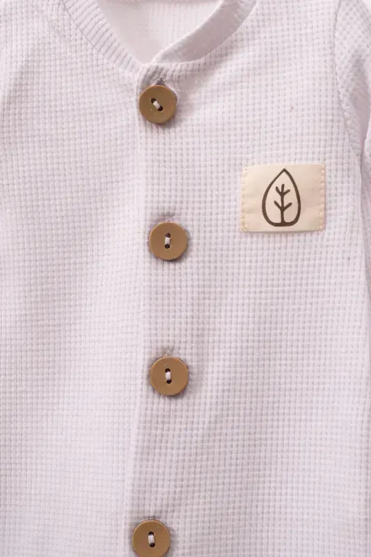 Unisex Tahta Düğme Görselli Şapkalı Waffle Şık Bebek Tulum-beyaz-Beyaz - 6
