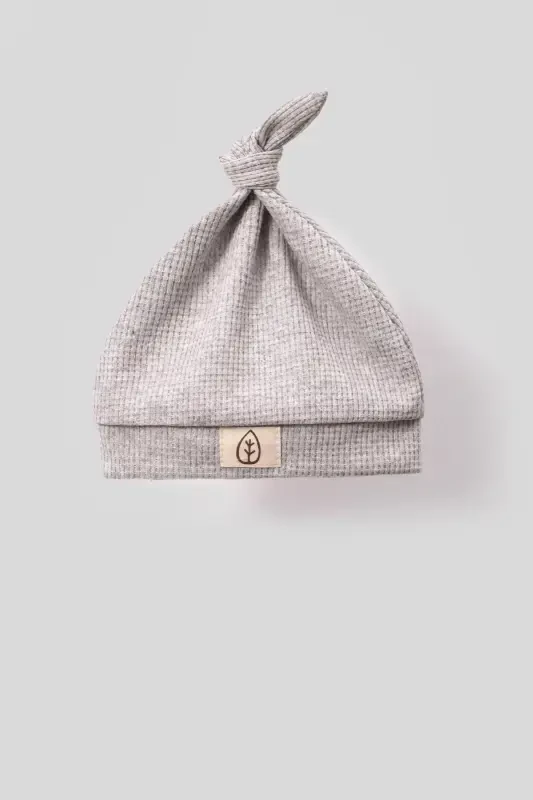 Unisex Tahta Düğme Görselli Şapkalı Waffle Şık Bebek Tulum-gri-Gri - 3