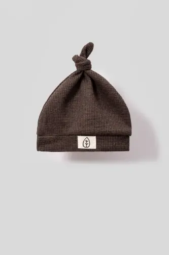 Unisex Tahta Düğme Görselli Şapkalı Waffle Şık Bebek Tulum-kahverengi-Kahverengi - 3