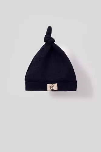 Unisex Tahta Düğme Görselli Şapkalı Waffle Şık Bebek Tulum-mavi-Mavi - 3