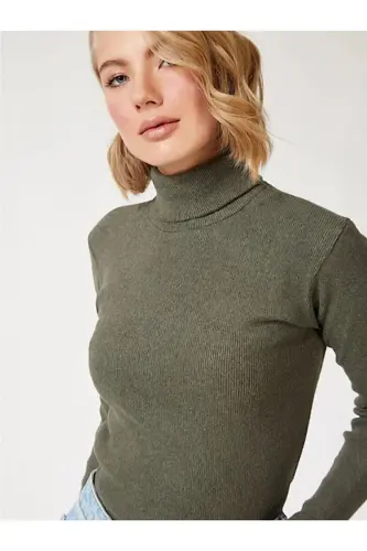 Unisex Tan Cotton Fisherman Ribbed Brushed Slim Fit Turtleneck Sweater-Tan 