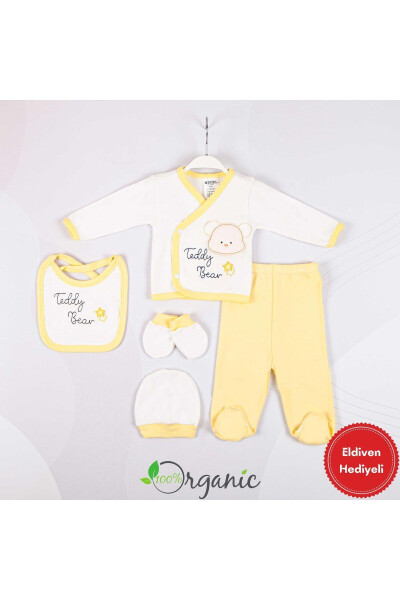 Unisex Teddy Bear Embroidered 5-Piece Organic Newborn Baby Hospital Discharge Set - Yellow - 1