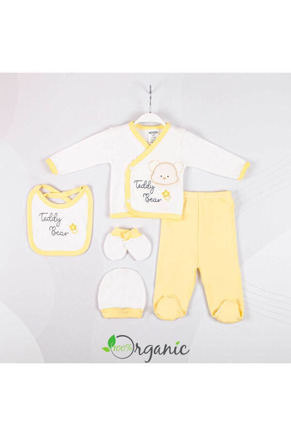 Unisex Teddy Bear Embroidered 5-Piece Organic Newborn Baby Hospital Discharge Set - Yellow - 2