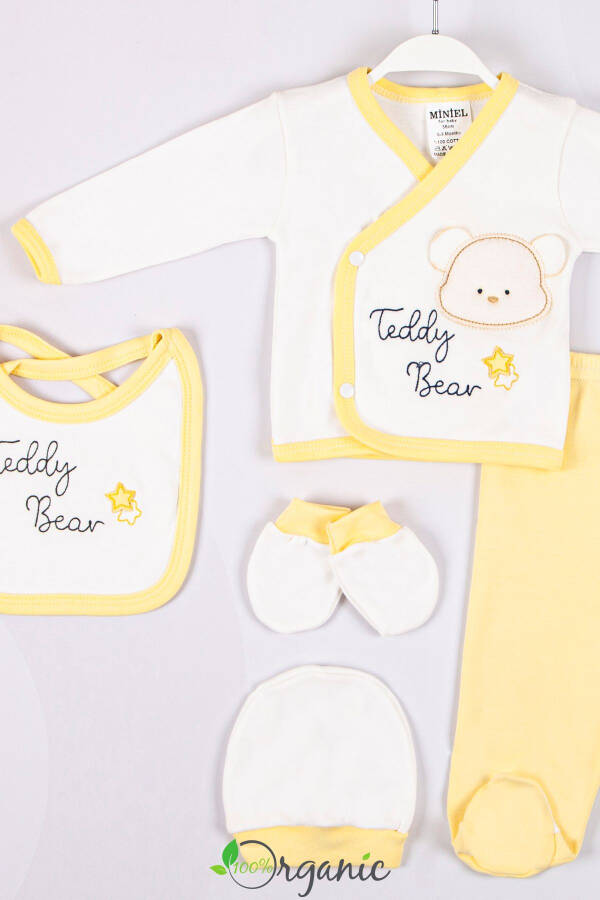 Unisex Teddy Bear Embroidered 5-Piece Organic Newborn Baby Hospital Discharge Set - Yellow - 3