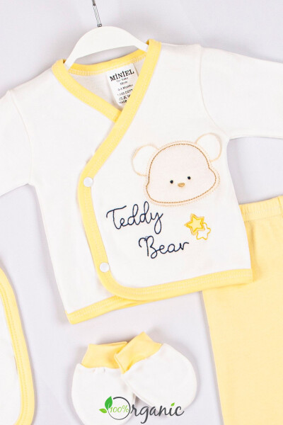 Unisex Teddy Bear Nakışlı 5'li Organik Yenidoğan Bebek Hastane Çıkış Seti - Sarı - 4