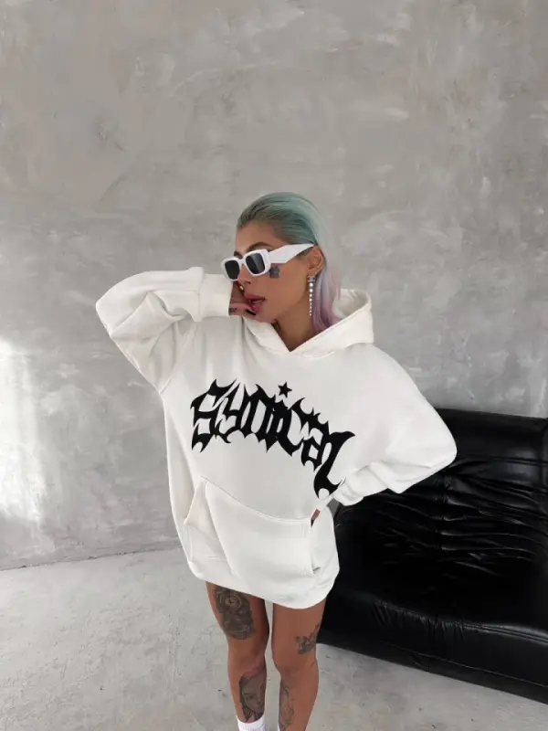 Unisex Üç İplik Kapşonlu Baskılı SweatShirt - Beyaz - BÜYÜKBEDENIZ