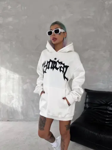 Unisex Üç İplik Kapşonlu Baskılı SweatShirt - Beyaz - BÜYÜKBEDENIZ (1)