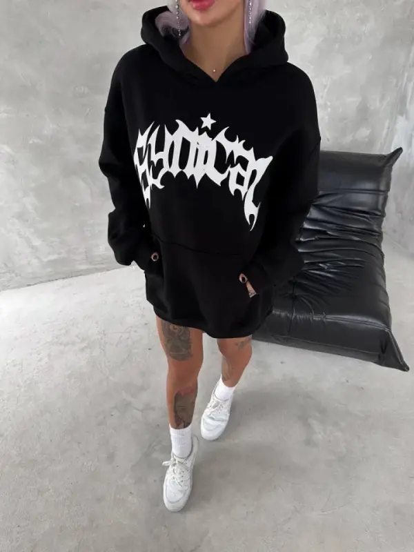 Unisex Üç İplik Kapşonlu Baskılı SweatShirt - Siyah - BÜYÜKBEDENIZ