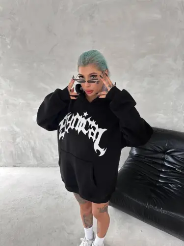Unisex Üç İplik Kapşonlu Baskılı SweatShirt - Siyah - BÜYÜKBEDENIZ (1)