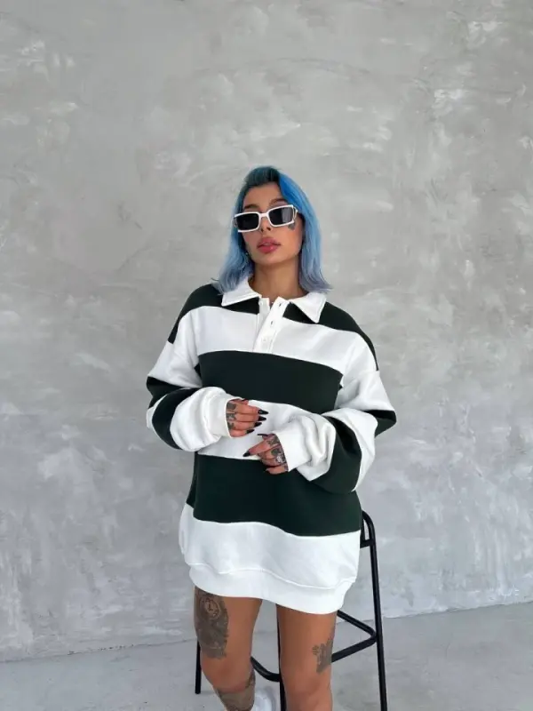 Unisex Üç İplik Parçalı Yakalı SweatShirt - Yeşil - 3