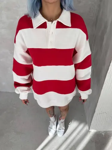 Unisex Uch Ipdan Qismli Yoqali SweatShirt - Qizil - 1