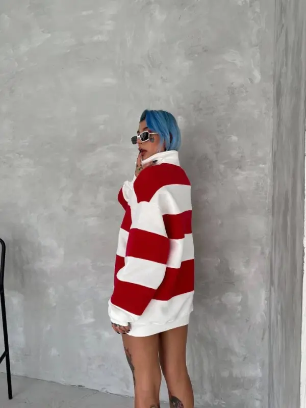 Unisex Uch Ipdan Qismli Yoqali SweatShirt - Qizil - 2