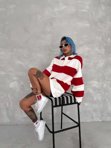 Unisex Uch Ipdan Qismli Yoqali SweatShirt - Qizil - 4