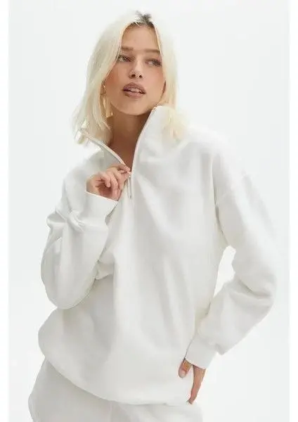 Unisex Uzun Kol Yarım Farmuarlı Yakalı Basic SweatShirt - Beyaz - BÜYÜKBEDENIZ