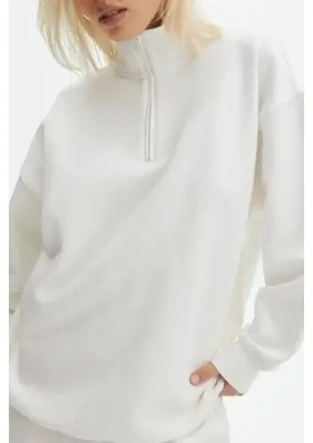 Unisex Uzun Kol Yarım Farmuarlı Yakalı Basic SweatShirt - Beyaz - 3
