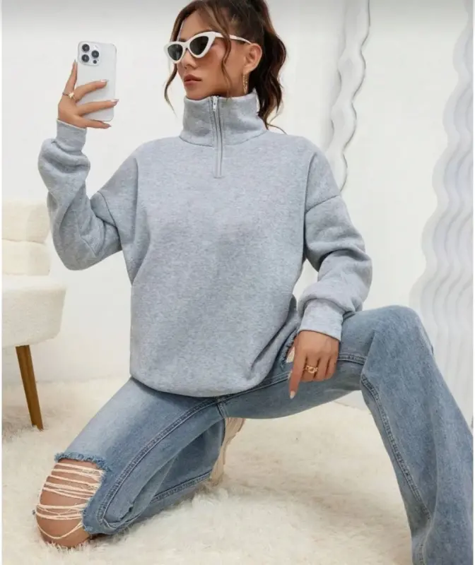 Unisex Uzun Kol Yarım Farmuarlı Yakalı Basic SweatShirt - Gri - BÜYÜKBEDENIZ