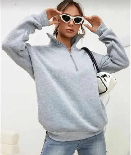 Unisex Uzun Kol Yarım Farmuarlı Yakalı Basic SweatShirt - Gri - BÜYÜKBEDENIZ (1)