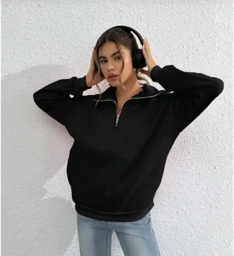 Unisex Uzun Kol Yarım Farmuarlı Yakalı Basic SweatShirt - Siyah - BÜYÜKBEDENIZ (1)