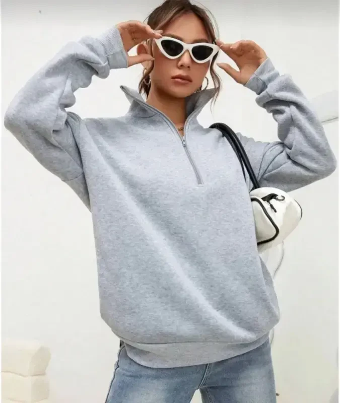 Unisex Uzun Kol Yarım Farmuarlı Yakalı Basic SweatShirt - Gri - 2