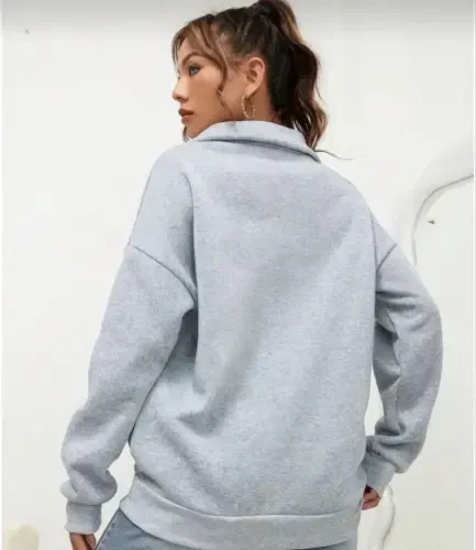 Unisex Uzun Kol Yarım Farmuarlı Yakalı Basic SweatShirt - Gri - 3