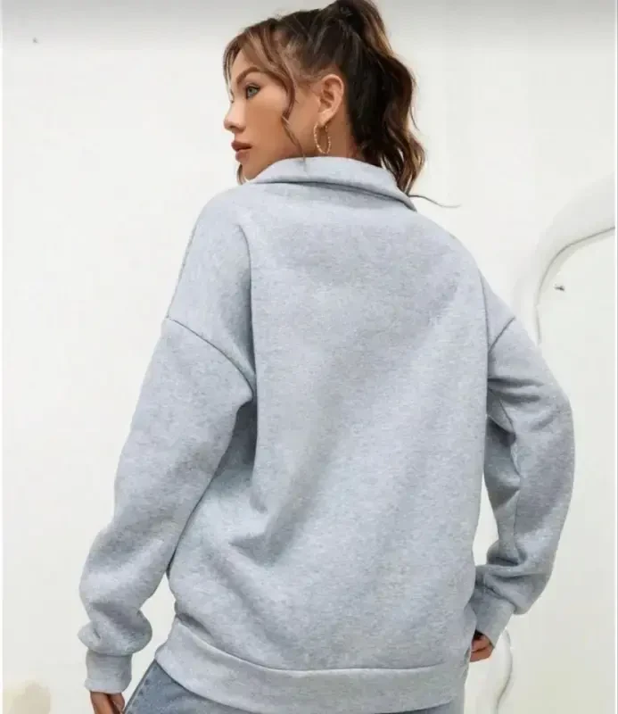 Unisex Uzun Kol Yarım Farmuarlı Yakalı Basic SweatShirt - Gri - 3