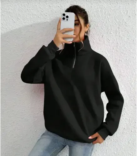 Unisex Uzun Kol Yarım Farmuarlı Yakalı Basic SweatShirt - Siyah - 1