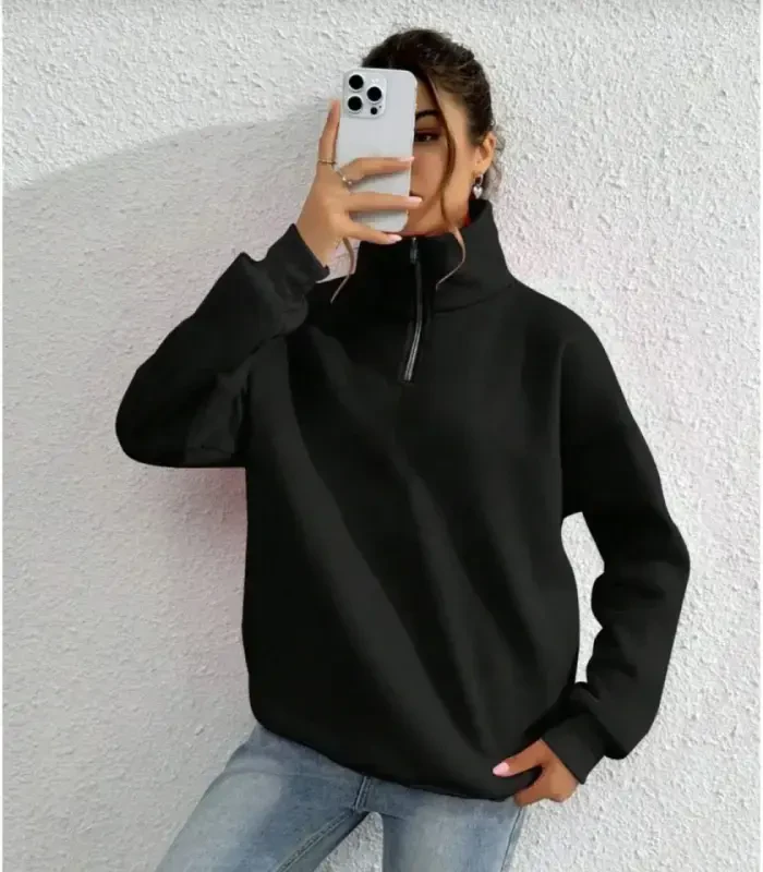 Unisex Uzun Kol Yarım Farmuarlı Yakalı Basic SweatShirt - Siyah - 1