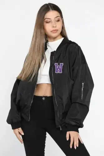 Unisex uzun qisma bosma bomber kurtka - Qora - BÜYÜKBEDENIZ (1)