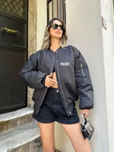 Unisex uzun qisma bosma bomber kurtka - Qora - 1