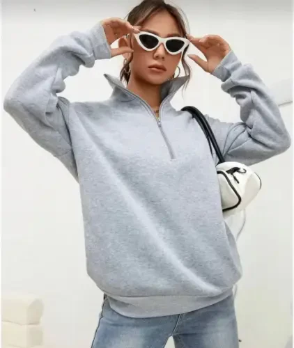 Unisex Uzun Qol Yarım Fermuarlı Yoqali Basic SweatShirt - Kulrang - BÜYÜKBEDENIZ (1)