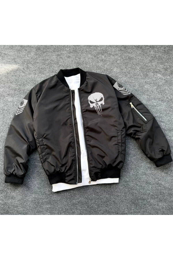 Unisex Uzun Yengli Skull Bosilgan Bomber Ko'ylagi - Qora - 40