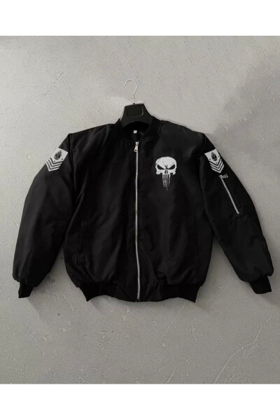 Unisex Uzun Yengli Skull Bosilgan Bomber Ko'ylagi - Qora - 41