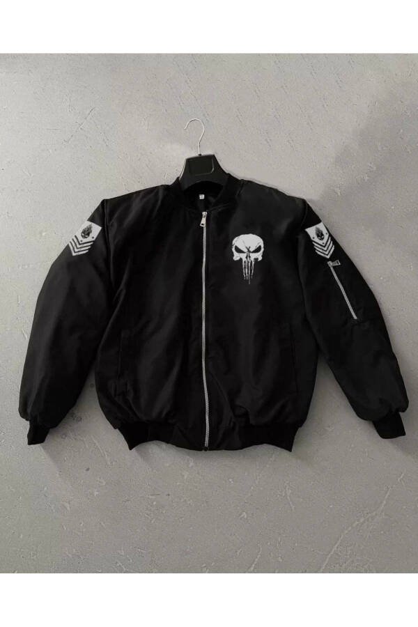 Unisex Uzun Yengli Skull Bosilgan Bomber Ko'ylagi - Qora - 38