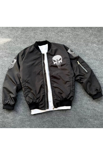 Unisex Uzun Yengli Skull Bosilgan Bomber Ko'ylagi - Qora - 34