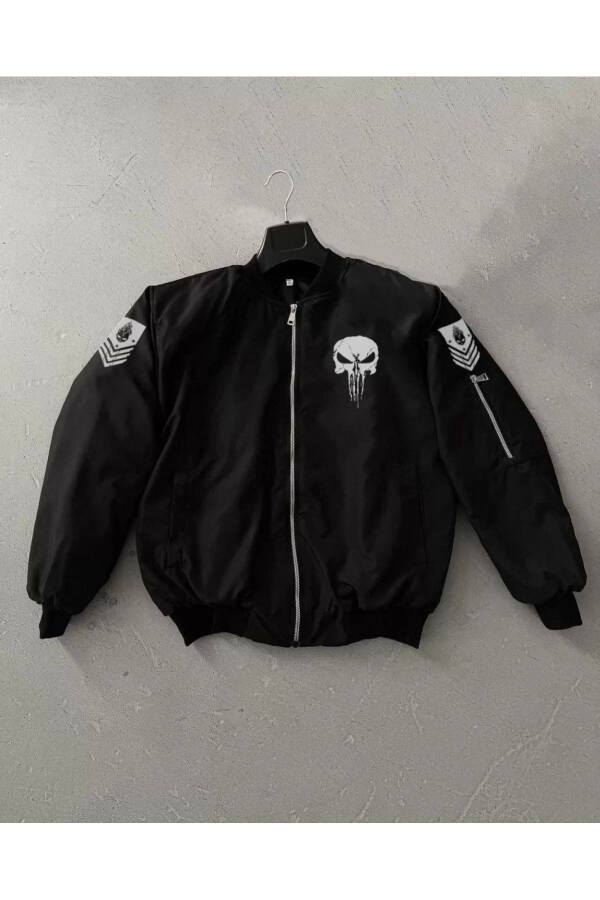 Unisex Uzun Yengli Skull Bosilgan Bomber Ko'ylagi - Qora - 35