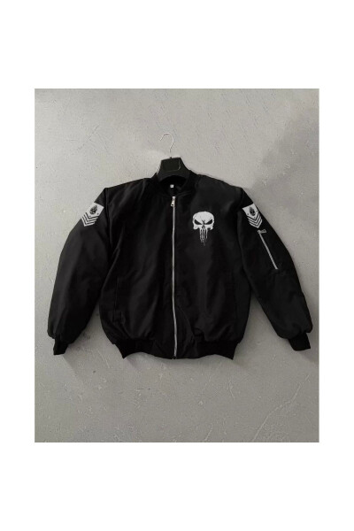 Unisex Uzun Yengli Skull Bosilgan Bomber Ko'ylagi - Qora - 29