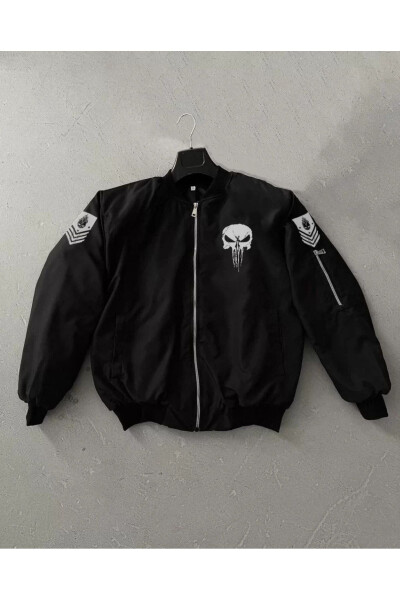 Unisex Uzun Yengli Skull Bosilgan Bomber Ko'ylagi - Qora - 2