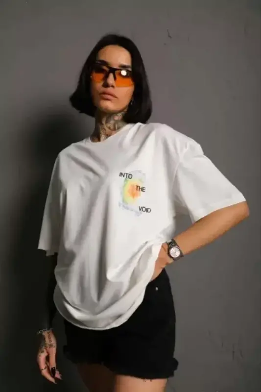 Unisex Velosiped Yoqali Bosmali Katta O'lchamli Futbolka - Oq - 1