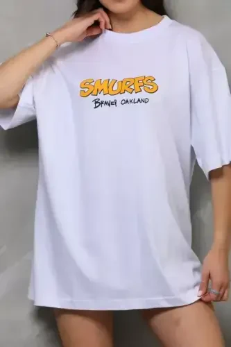 Unisex Velosiped Yoqali Bosmali Katta O'lchamli Futbolka - Oq - 3