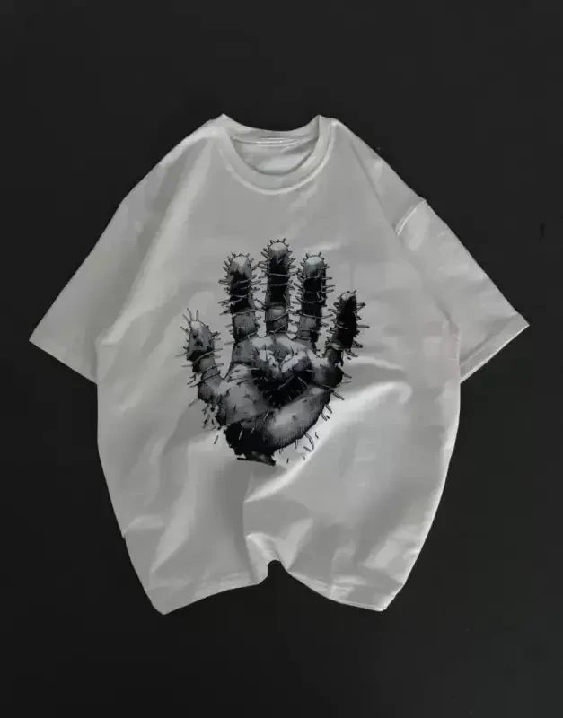 Unisex Velosiped Yoqali Bosmali Katta O'lchamli Futbolka - Oq - 1