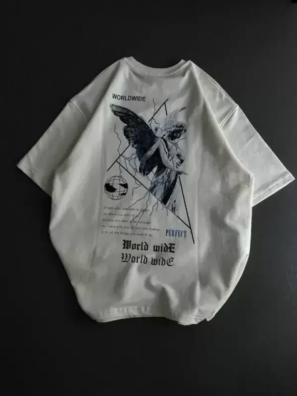 Unisex Velosiped Yoqali Bosmali Katta O'lchamli Futbolka - Oq - 2