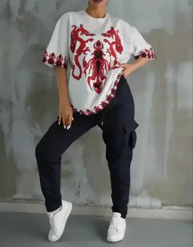 Unisex Velosiped Yoqali Bosmali Katta O'lchamli Futbolka - Oq - BÜYÜKBEDENIZ (1)