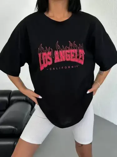 Unisex Velosiped Yoqali Bosmali Katta O'lchamli Futbolka - Qora - 4