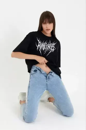 Unisex Velosiped Yoqali Bosmali Katta O'lchamli Futbolka - Qora - 2