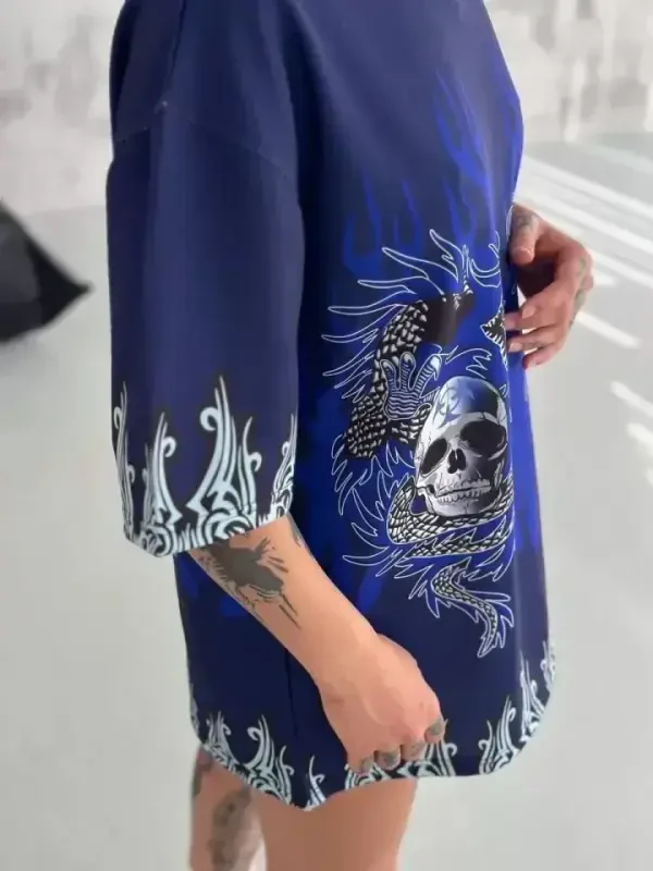 Unisex Velosiped Yoqali Bosmali Katta O'lchamli Futbolka - To'q ko'k - 3