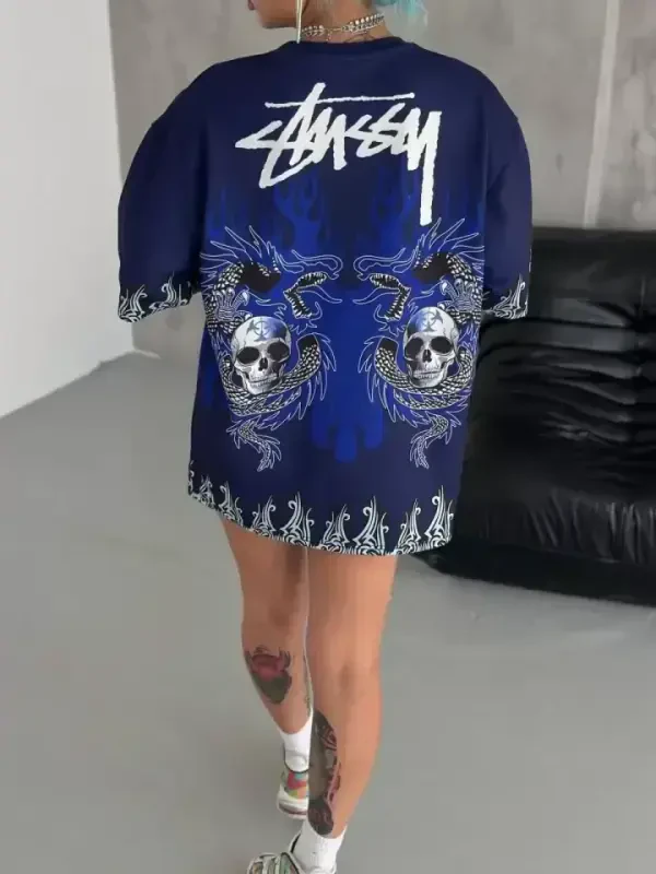 Unisex Velosiped Yoqali Bosmali Katta O'lchamli Futbolka - To'q ko'k - 4